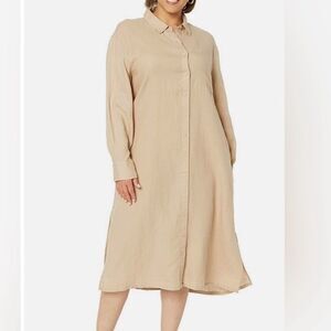 The Drop Fiona Long Sleeve Linen Midi Shirt Dress khaki tan medium